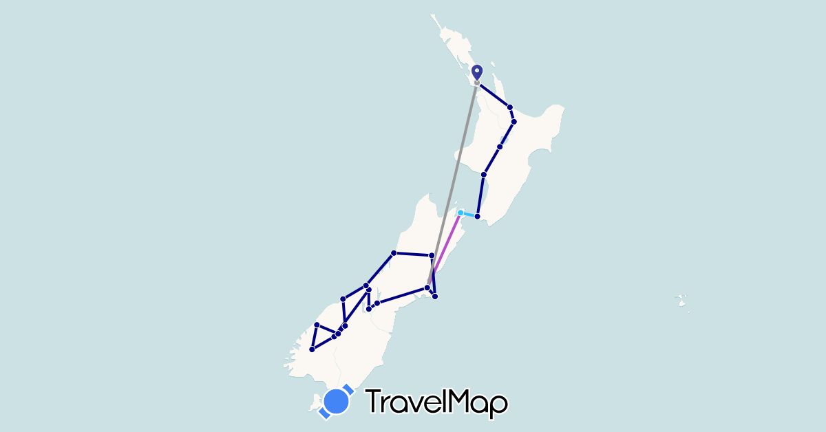TravelMap itinerary: driving, plane, train, boat in New Zealand (Oceania)
